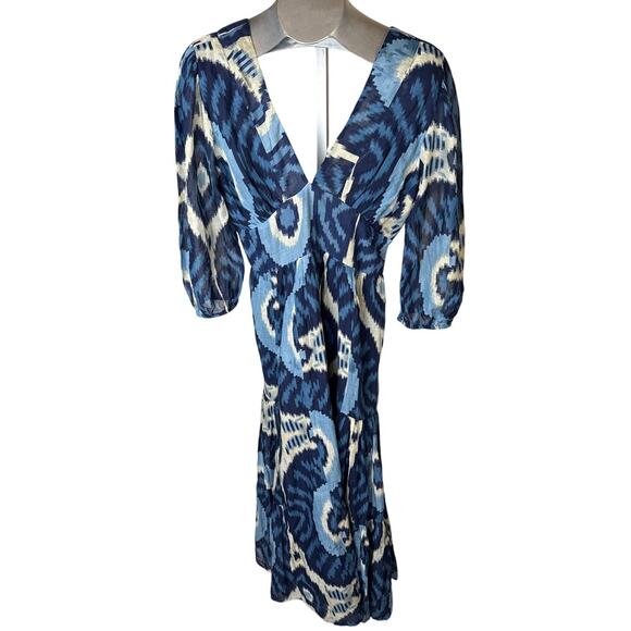 Love The Label Elise Boho Indie Printed Midi Dress Puff Sleeve Blue L - Picture 1 of 6
